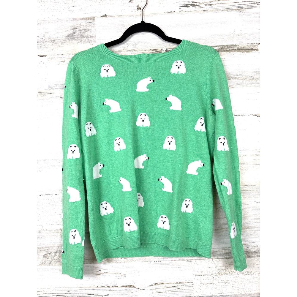 Talbots Womens M Green Cashmere-Blend Polar Bear Crew Neck Knit Casual Sweater
